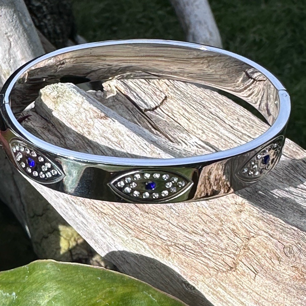 Silver Evil Eye Hinged Bangle Bracelet Blue Crystal Rhinestone Protection Steel - Picture 4 of 5